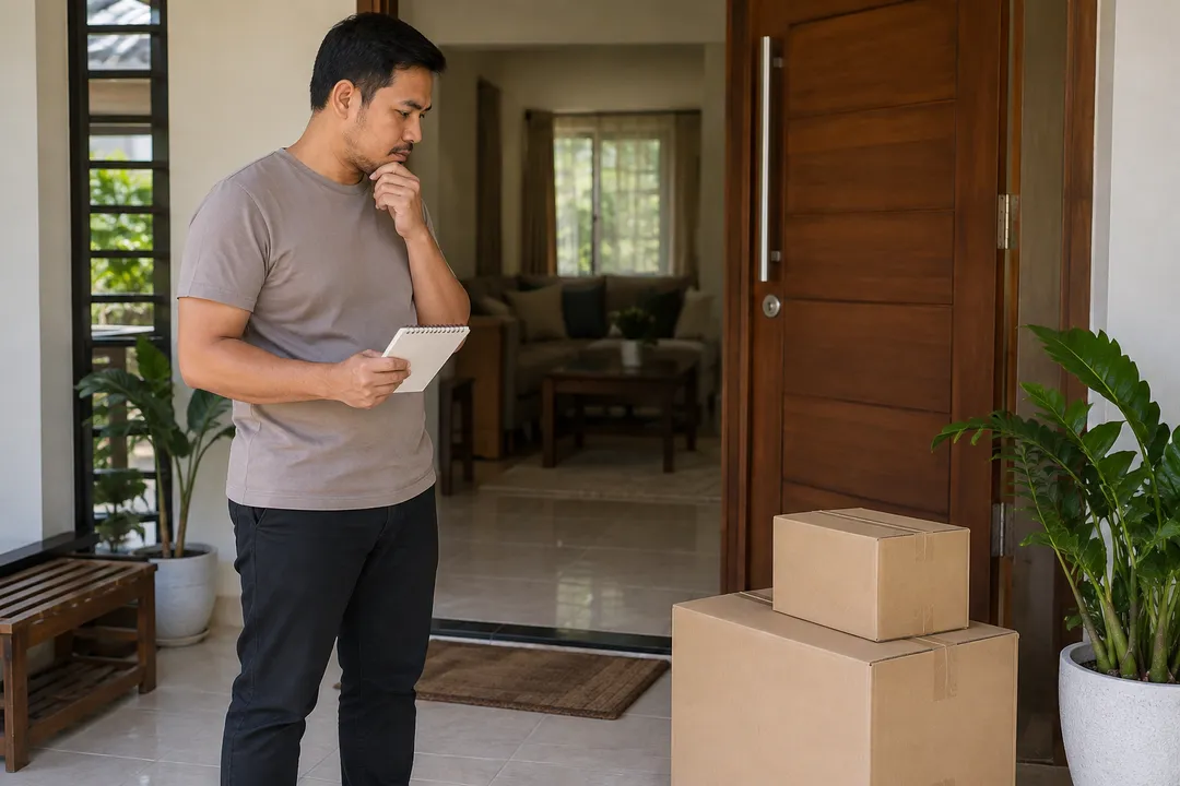 Ilustrasi pelanggan membawa buku nota sambil memerhatikan dua karton tertutup berhampiran pintu rumah biasa.