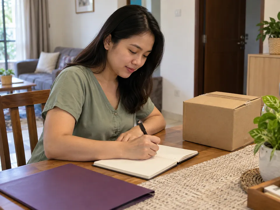 Ilustrasi pelanggan berblaus hijau menulis soalan akses dalam buku nota di meja dengan karton tertutup.